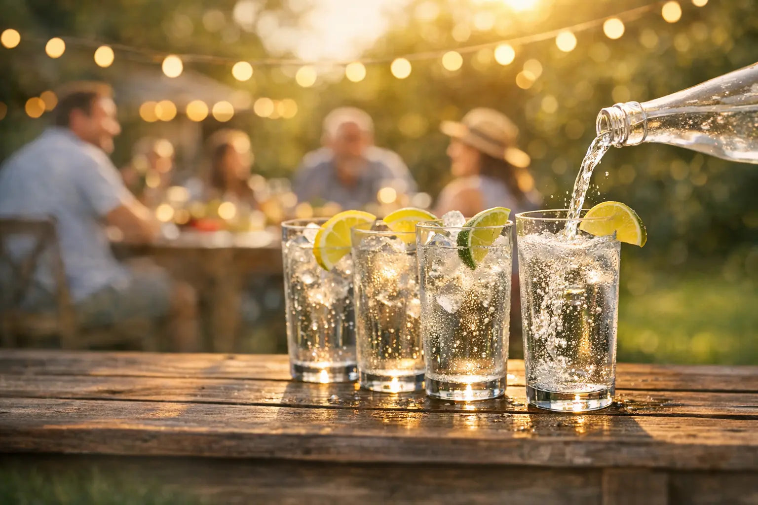 Quatre verres d’eau pétillante avec des quartiers de lime sur une table, avec des personnes qui discutent en arrière‑plan flou. 