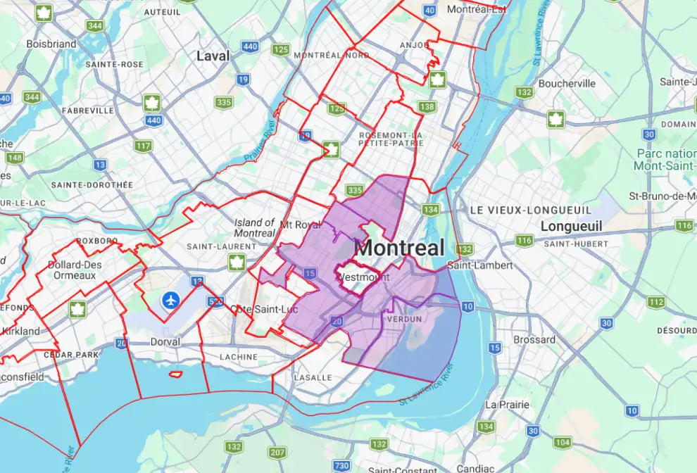« Carte avec des zones ombrées indiquant la couverture de livraison de SodaMTL à Montréal.